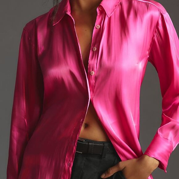 By Anthropologie Silky Iridescent Buttondown Shirt blouse pink new size 2X - Picture 2 of 8